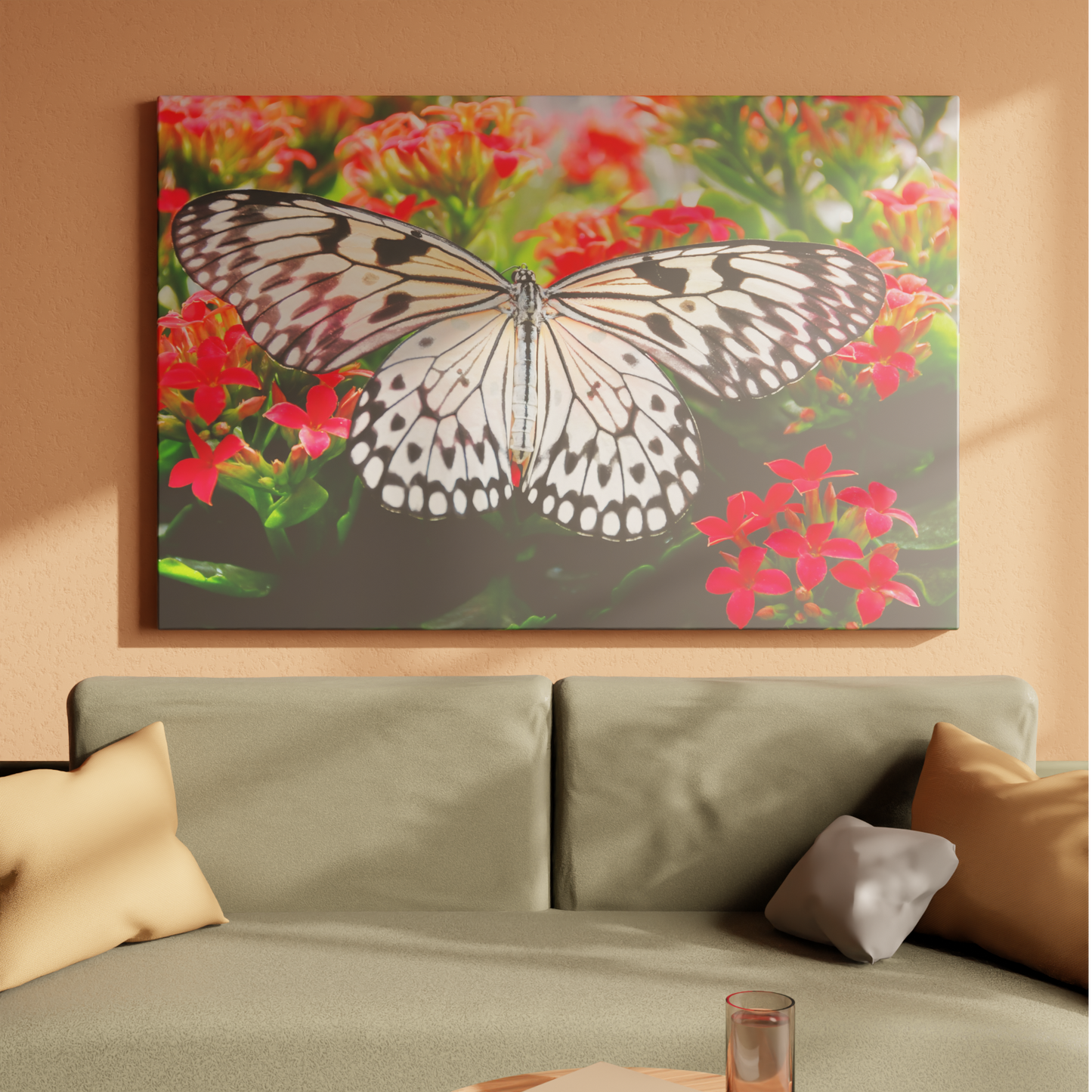 Butterfly Elegance on Scarlet Blooms