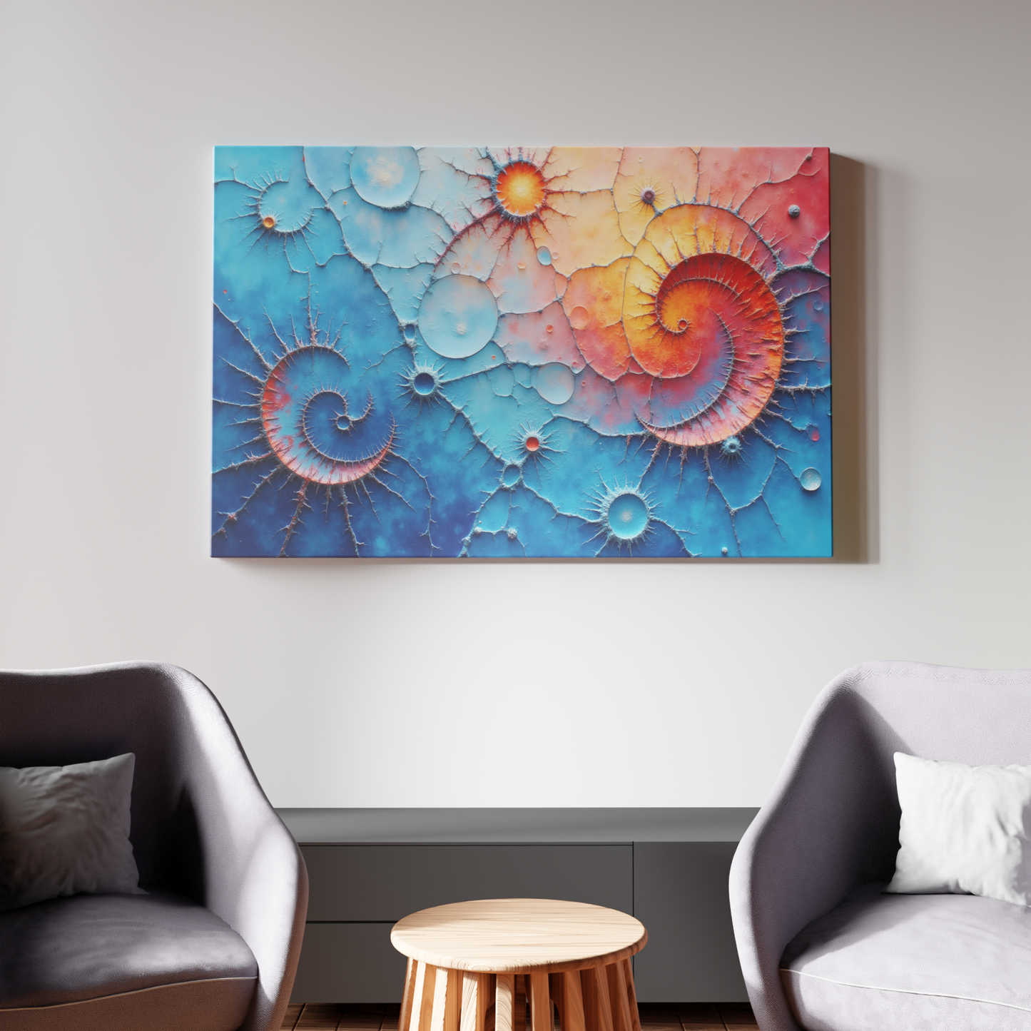 Celestial Spirals in Blue and Coral