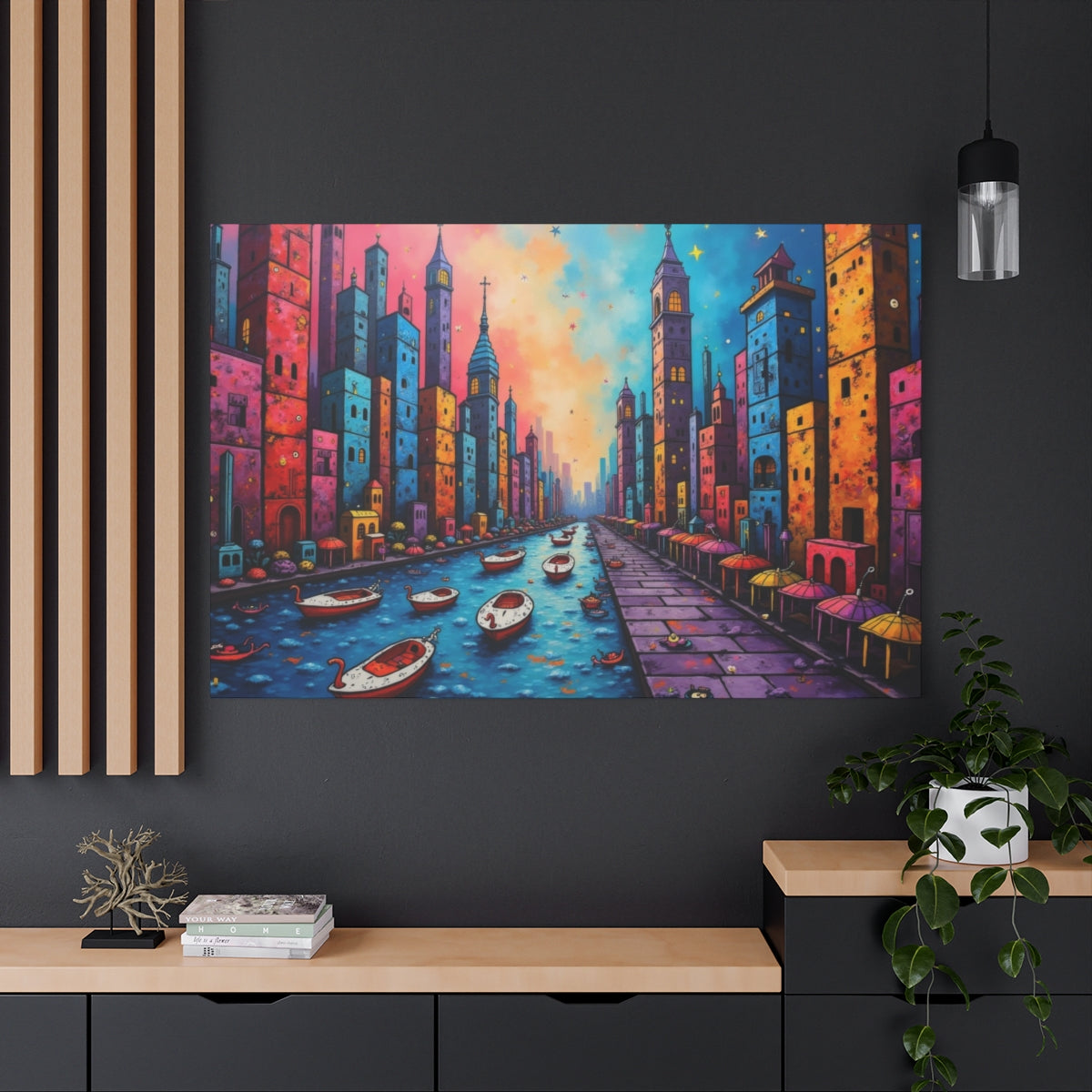Vibrant Canal in a Neon Cityscape