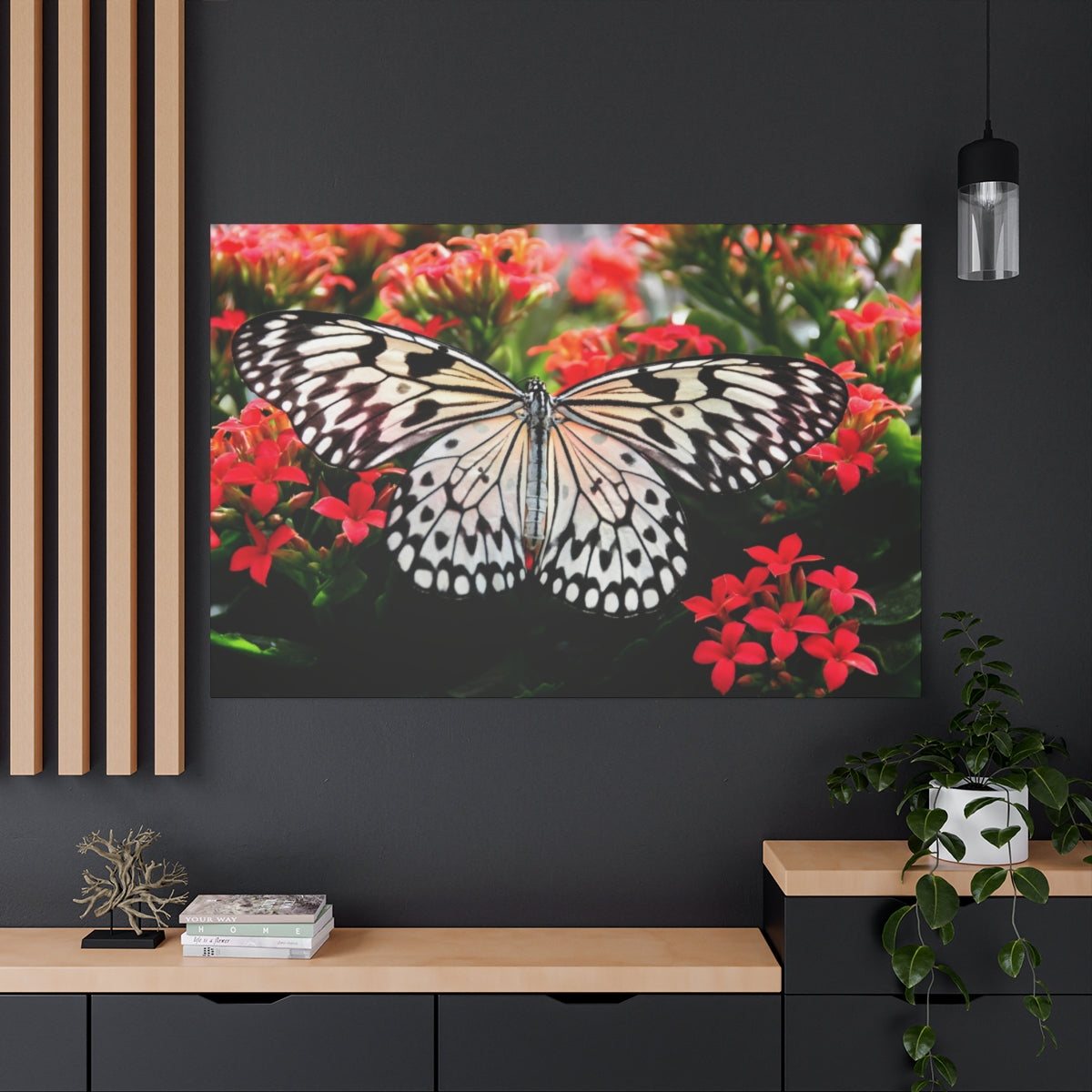 Butterfly Elegance on Scarlet Blooms