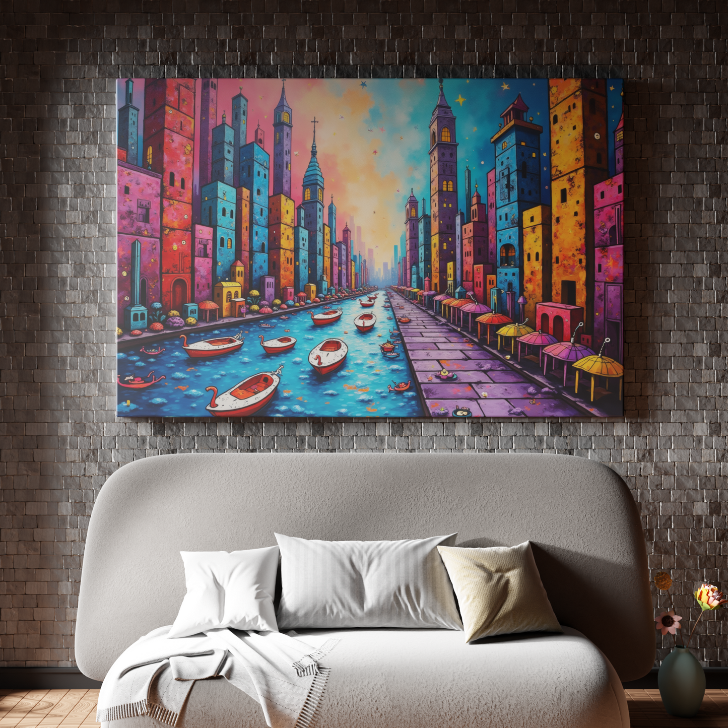 Vibrant Canal in a Neon Cityscape