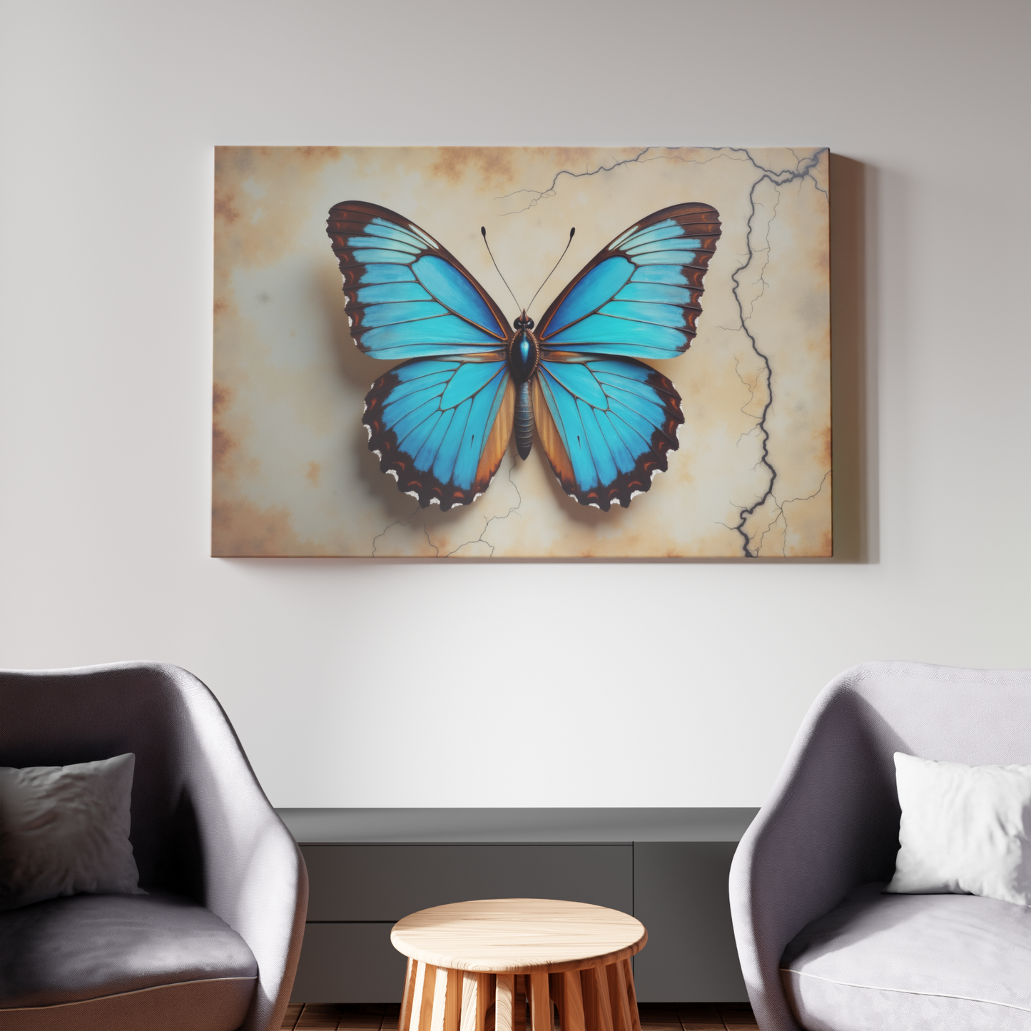 Ethereal Blue Butterfly on Antique Canvas