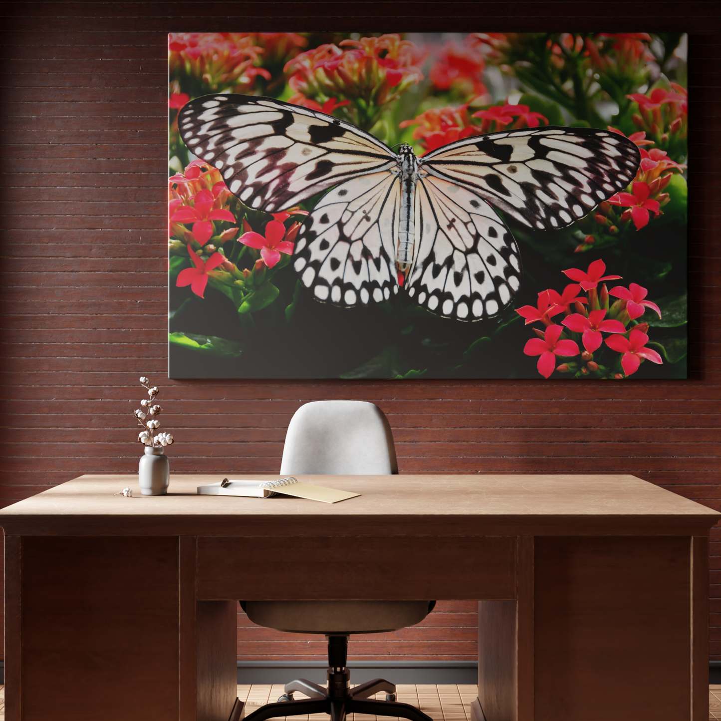 Butterfly Elegance on Scarlet Blooms