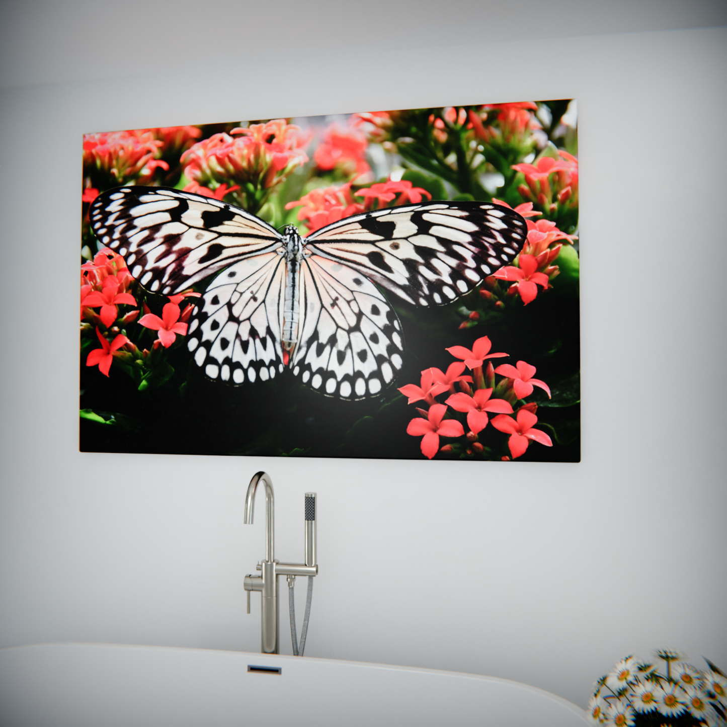 Butterfly Elegance on Scarlet Blooms