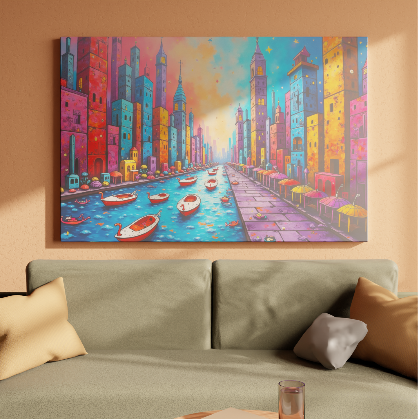 Vibrant Canal in a Neon Cityscape