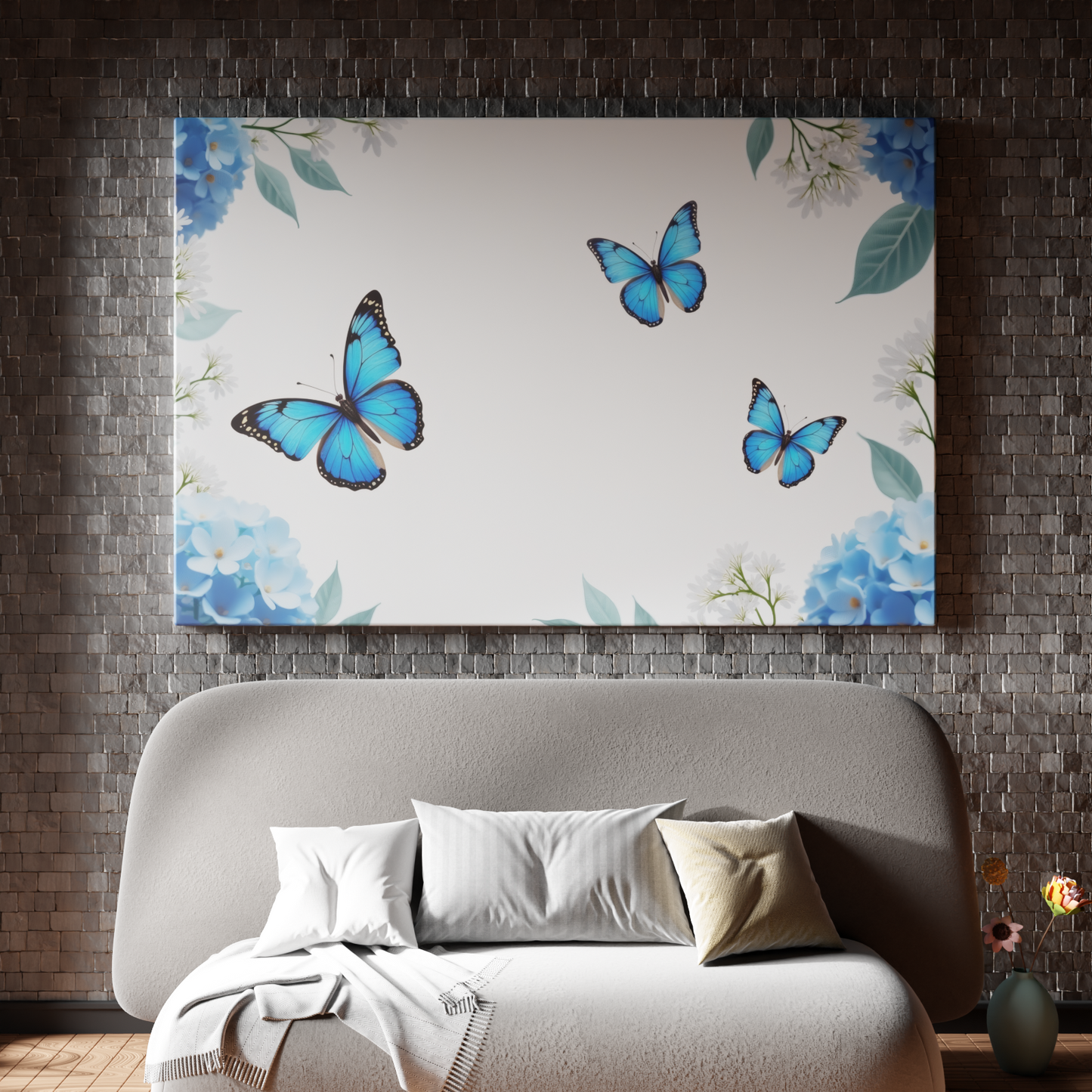 Blue Butterfly Dance Amid Blossoms