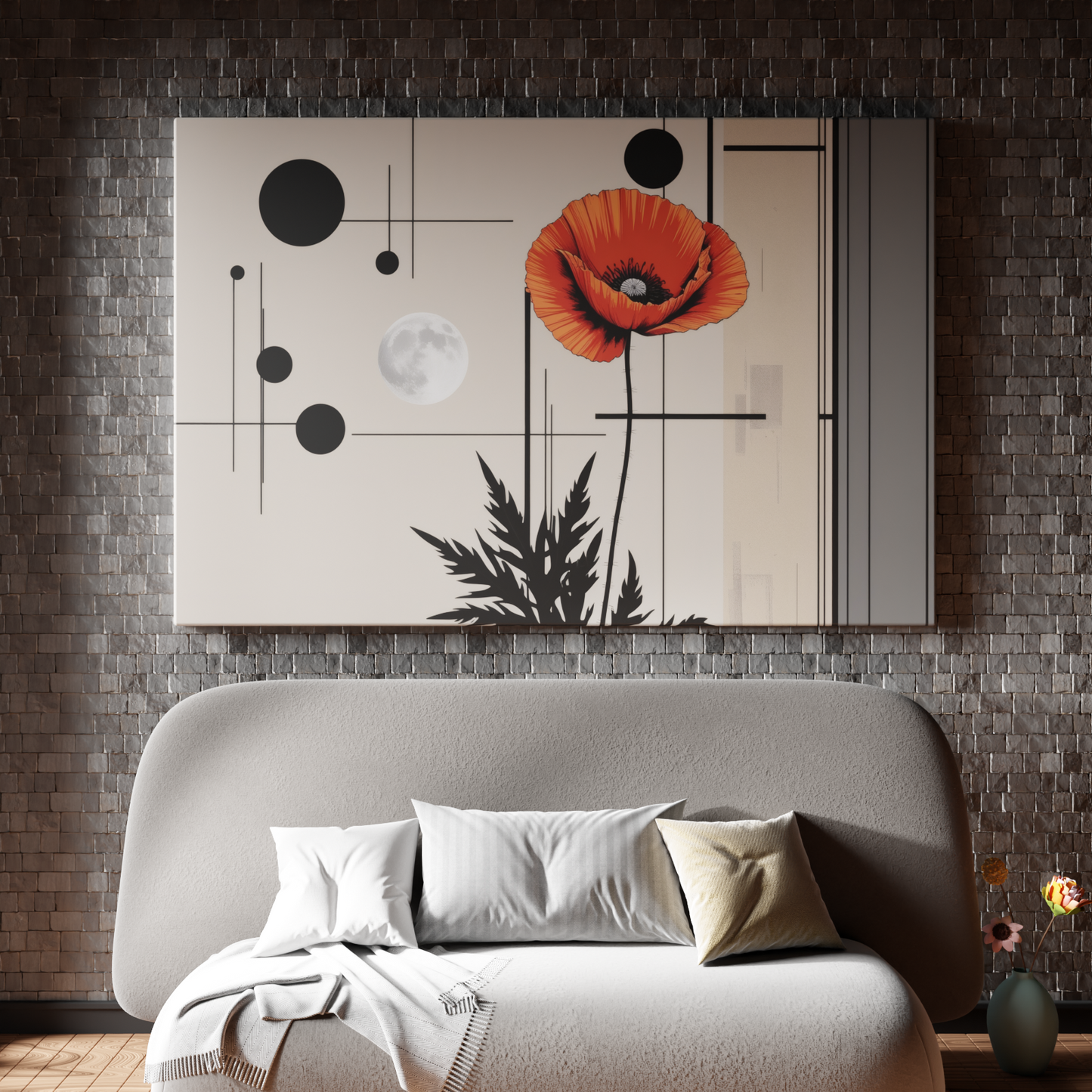 Moonlit Geometry with Crimson Blossom