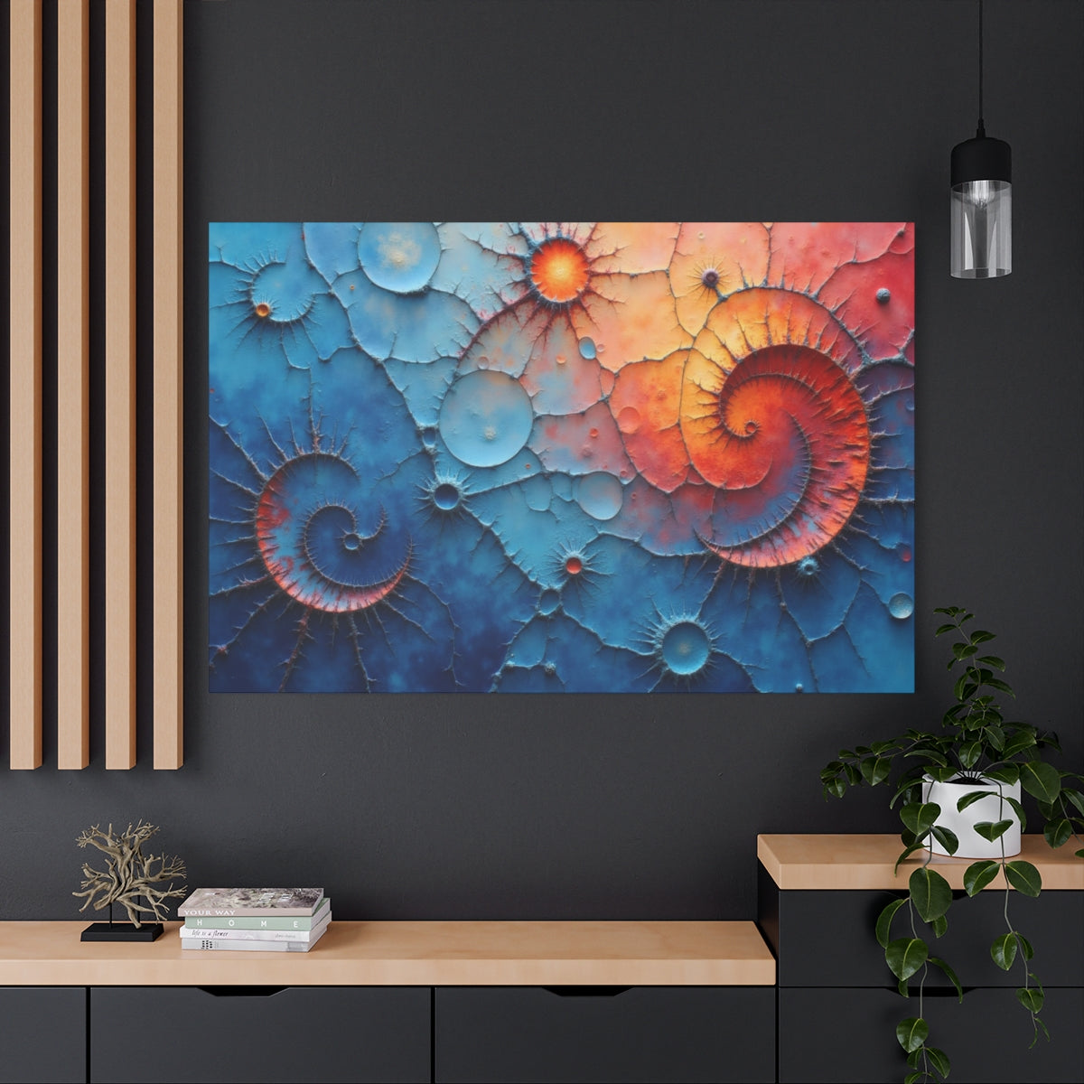 Celestial Spirals in Blue and Coral