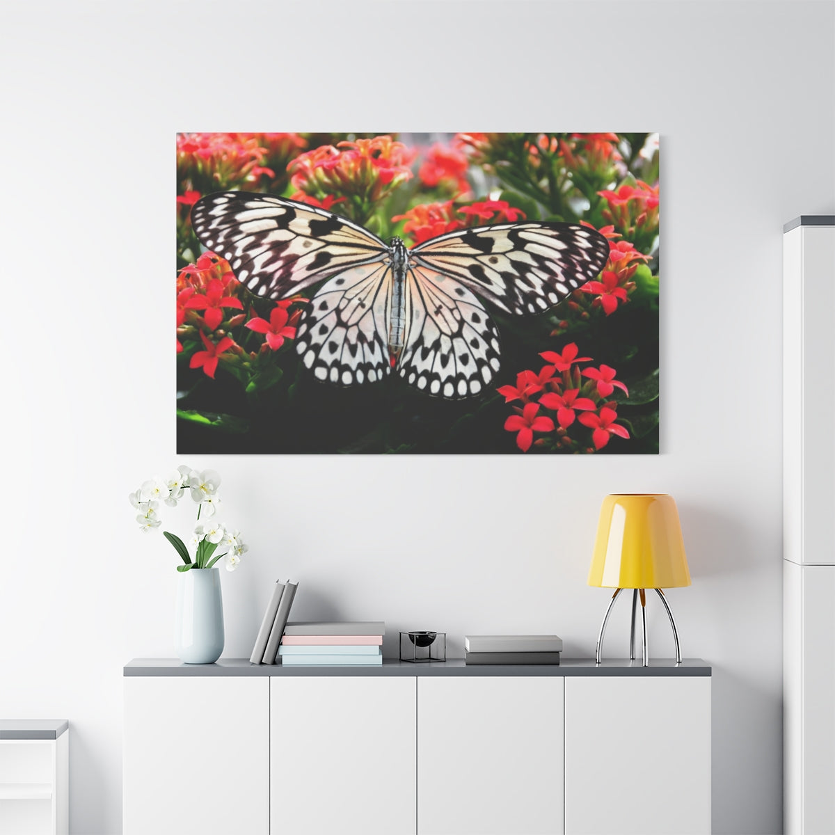 Butterfly Elegance on Scarlet Blooms