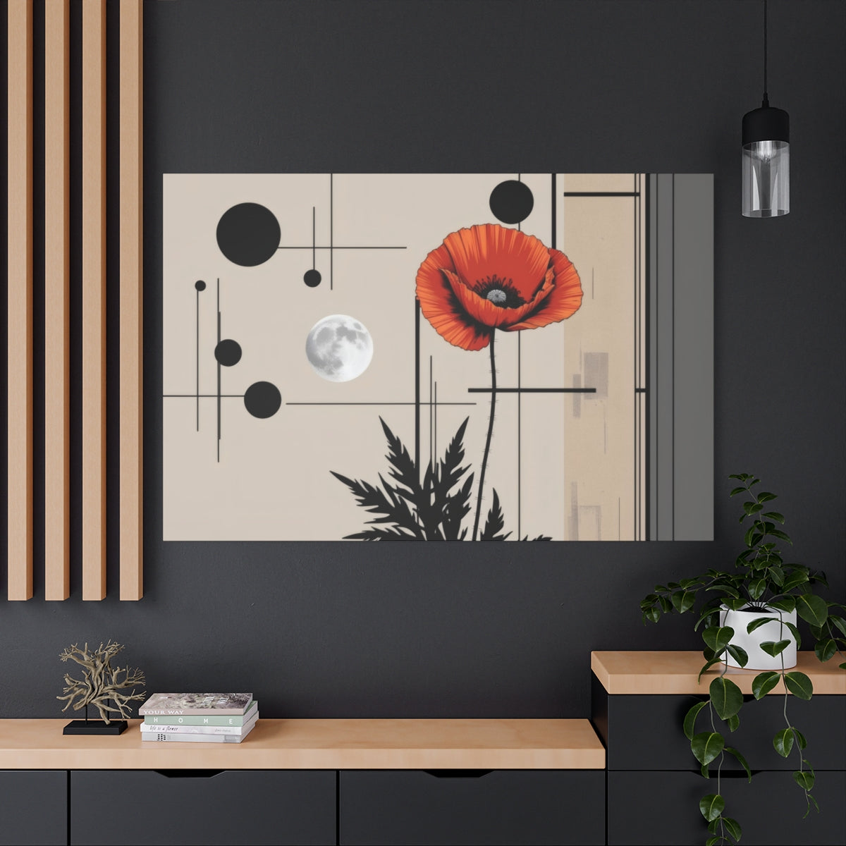 Moonlit Geometry with Crimson Blossom