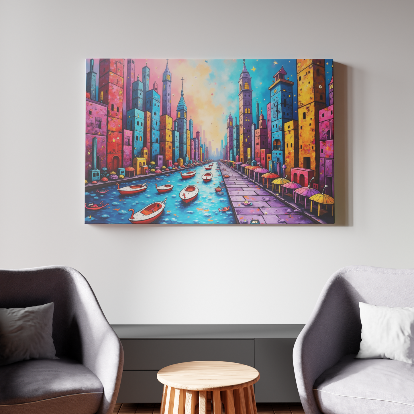 Vibrant Canal in a Neon Cityscape