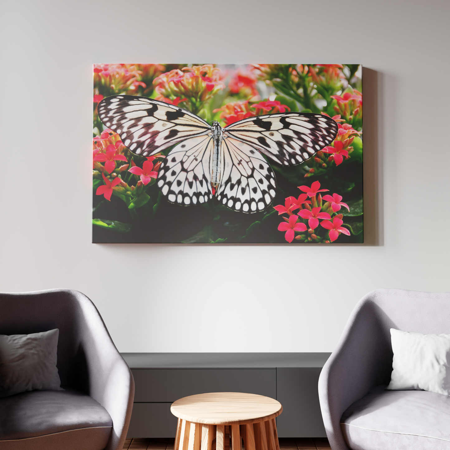 Butterfly Elegance on Scarlet Blooms