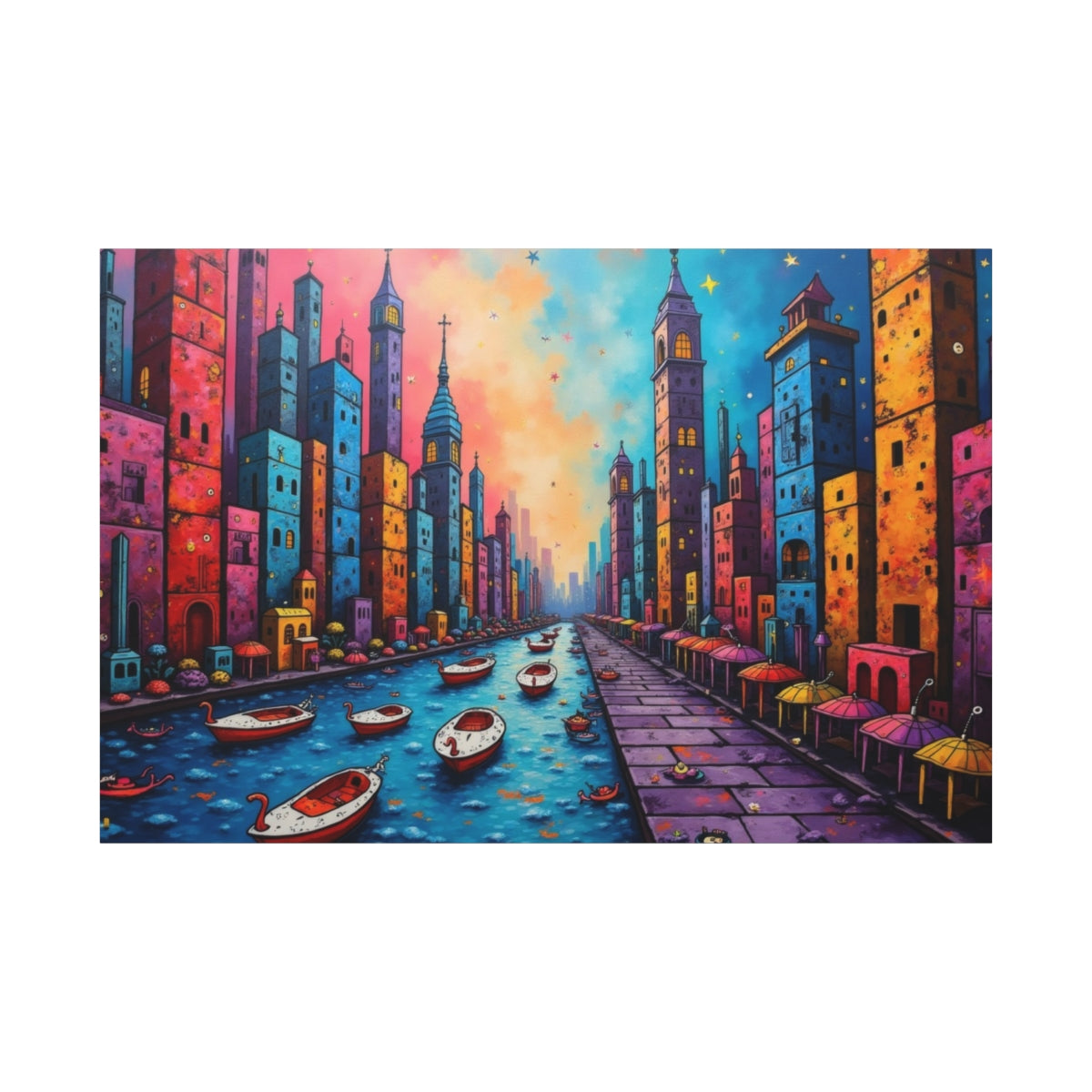 Vibrant Canal in a Neon Cityscape