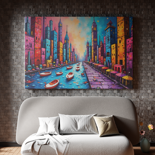 Vibrant Canal in a Neon Cityscape