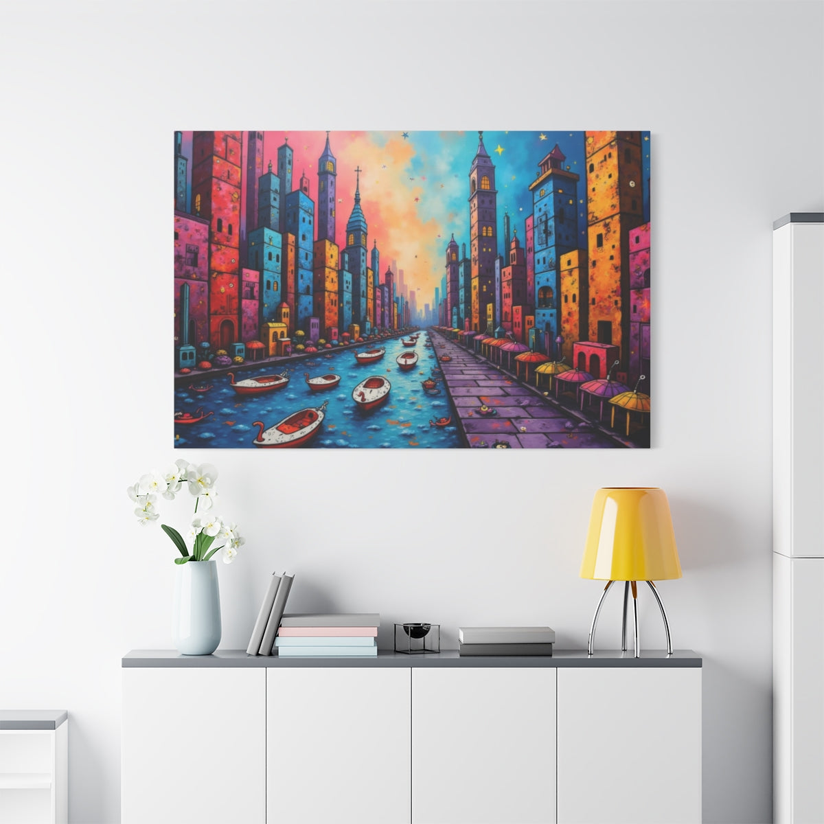 Vibrant Canal in a Neon Cityscape