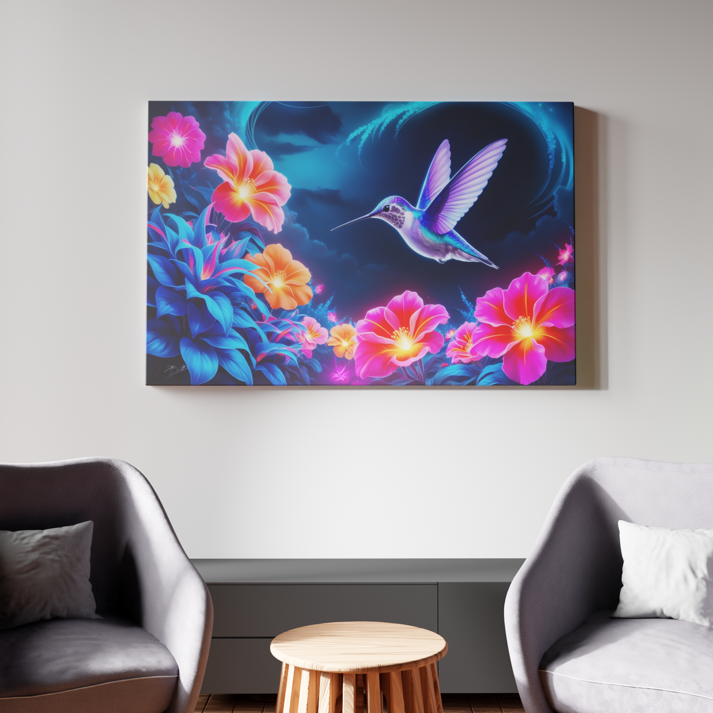Ethereal Flight: Neon Blossoms and Hummingbird Dream