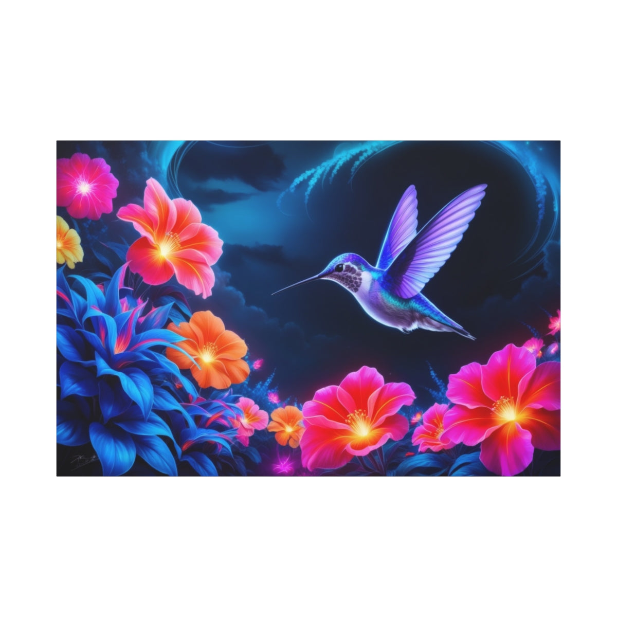 Ethereal Flight: Neon Blossoms and Hummingbird Dream