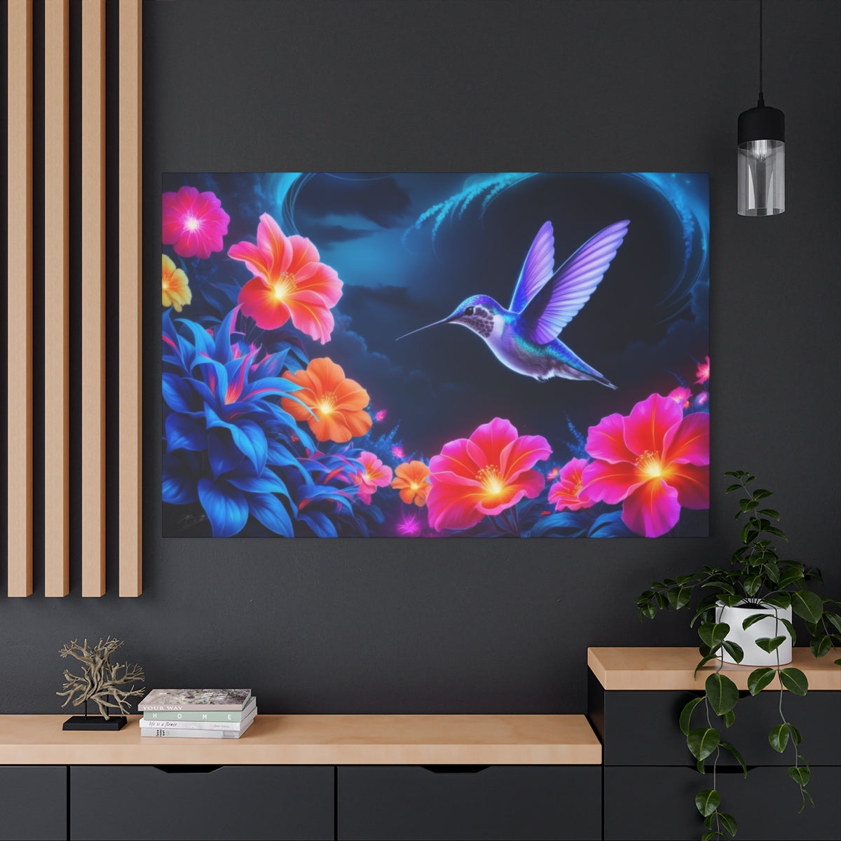 Ethereal Flight: Neon Blossoms and Hummingbird Dream