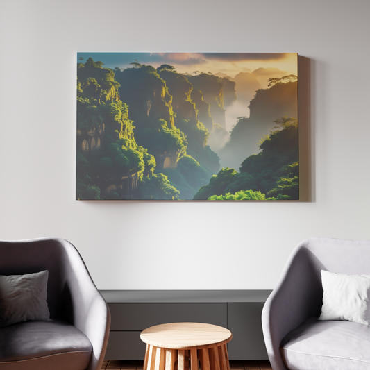 Misty Dawn over Verdant Cliffs