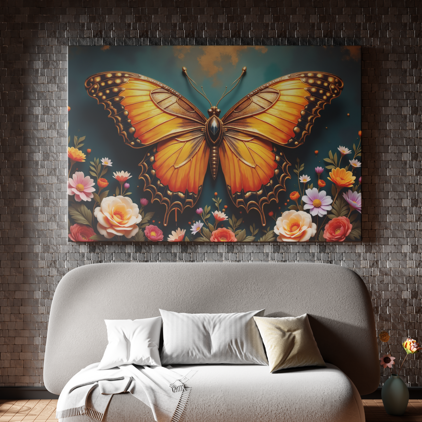 Golden Butterfly and Floral Symphony