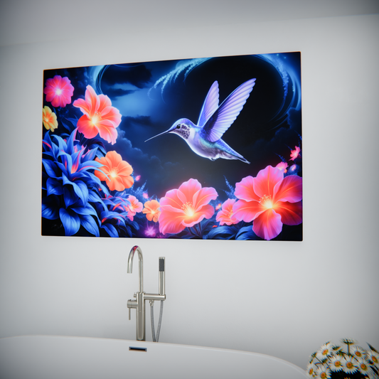 Ethereal Flight: Neon Blossoms and Hummingbird Dream