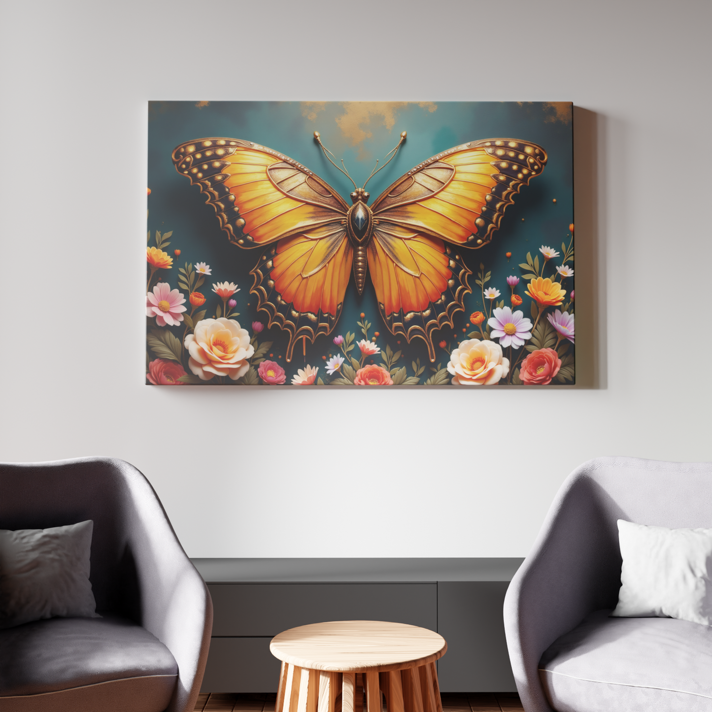 Golden Butterfly and Floral Symphony