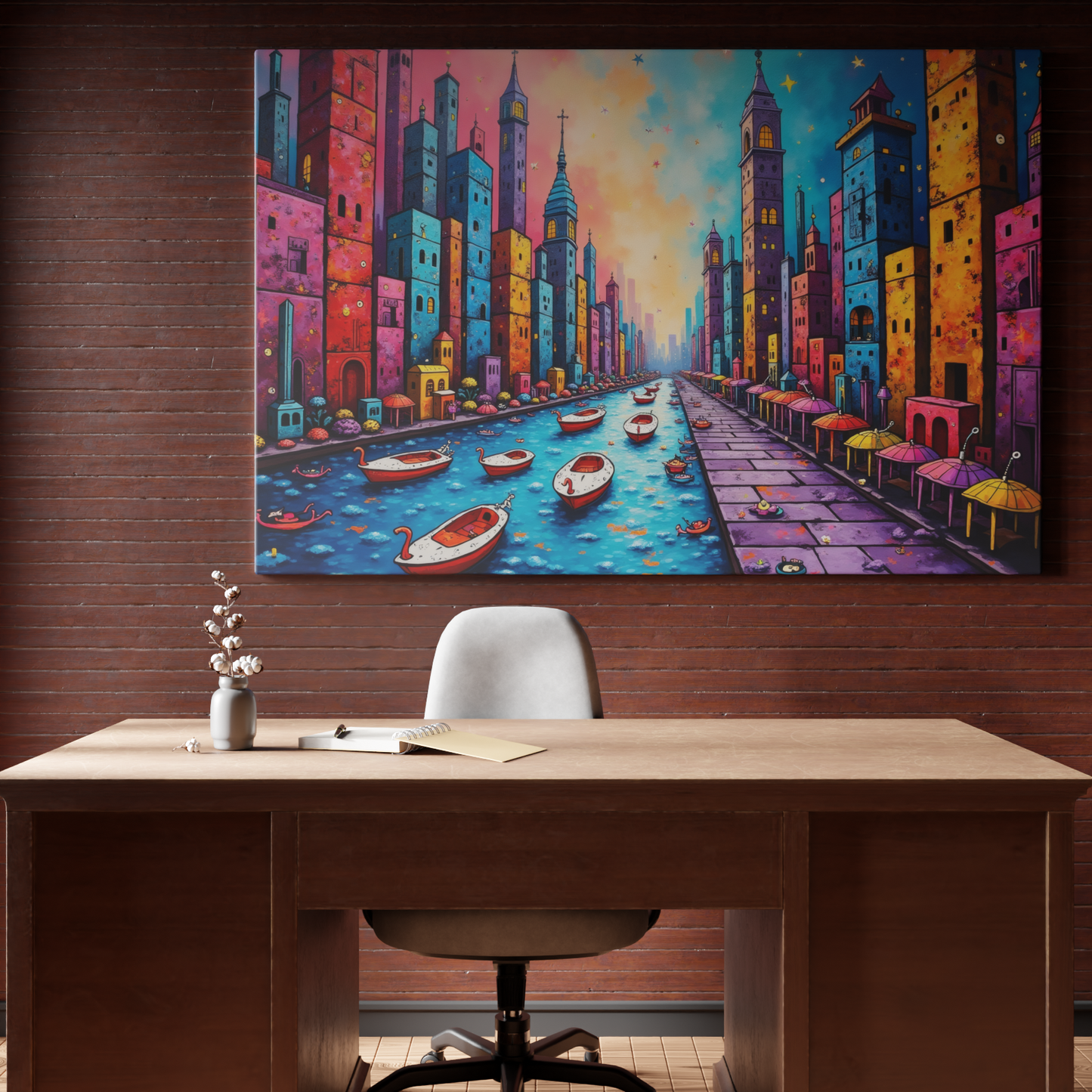 Vibrant Canal in a Neon Cityscape