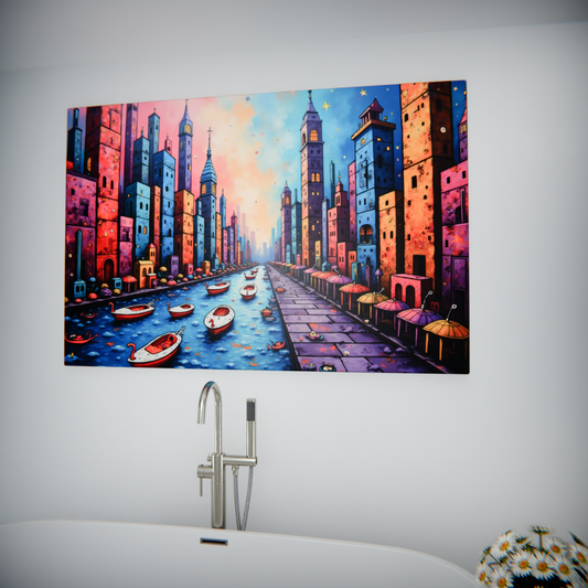 Vibrant Canal in a Neon Cityscape