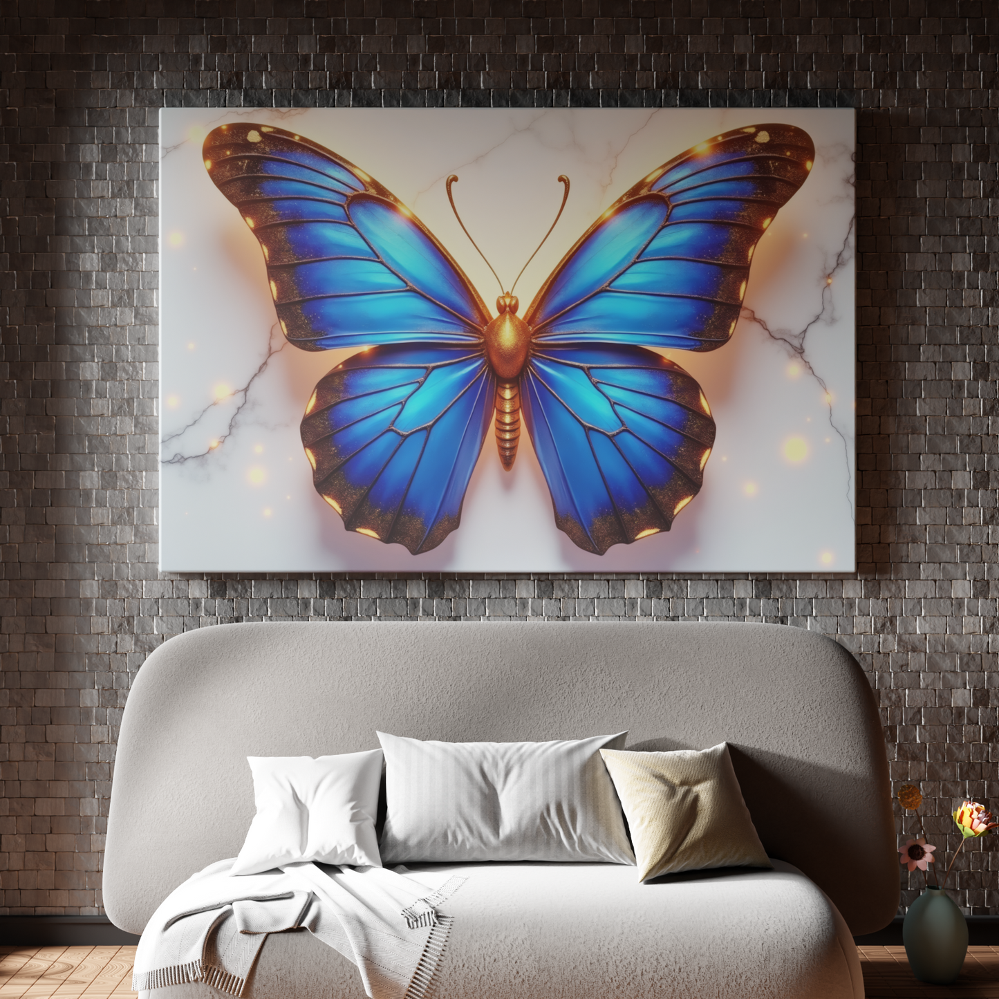 Glowing Azure Butterfly on Marble