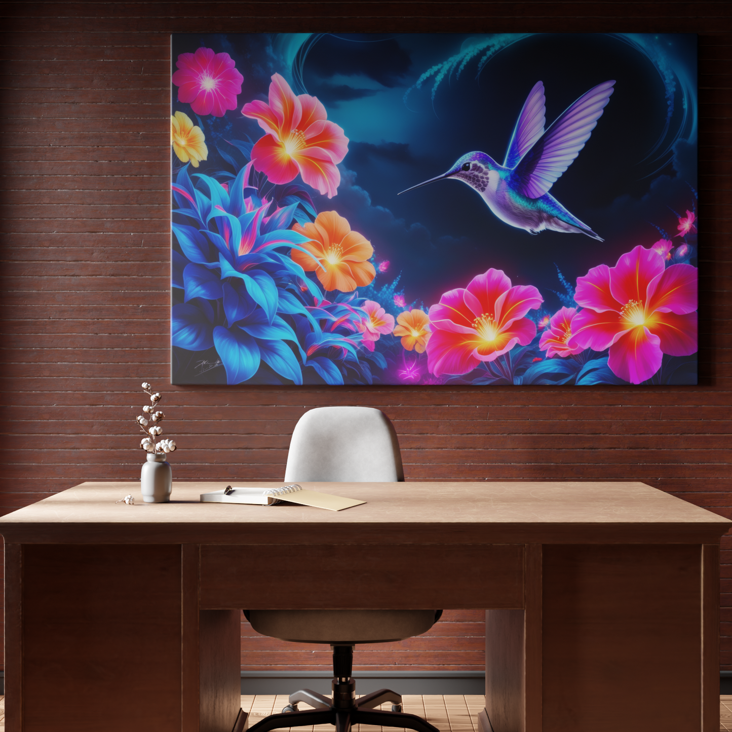 Ethereal Flight: Neon Blossoms and Hummingbird Dream