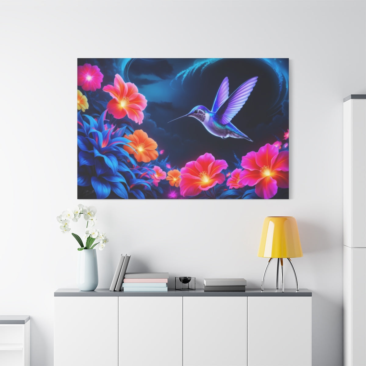 Ethereal Flight: Neon Blossoms and Hummingbird Dream