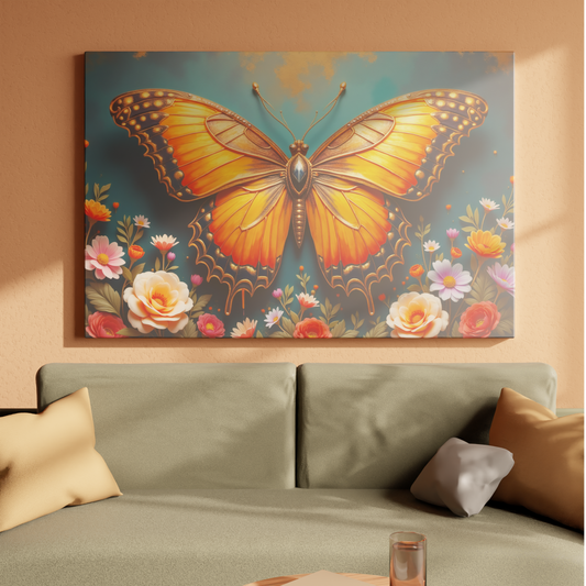 Golden Butterfly and Floral Symphony