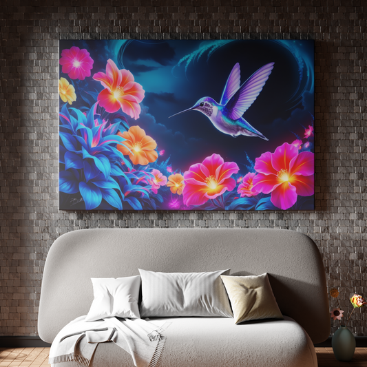 Ethereal Flight: Neon Blossoms and Hummingbird Dream