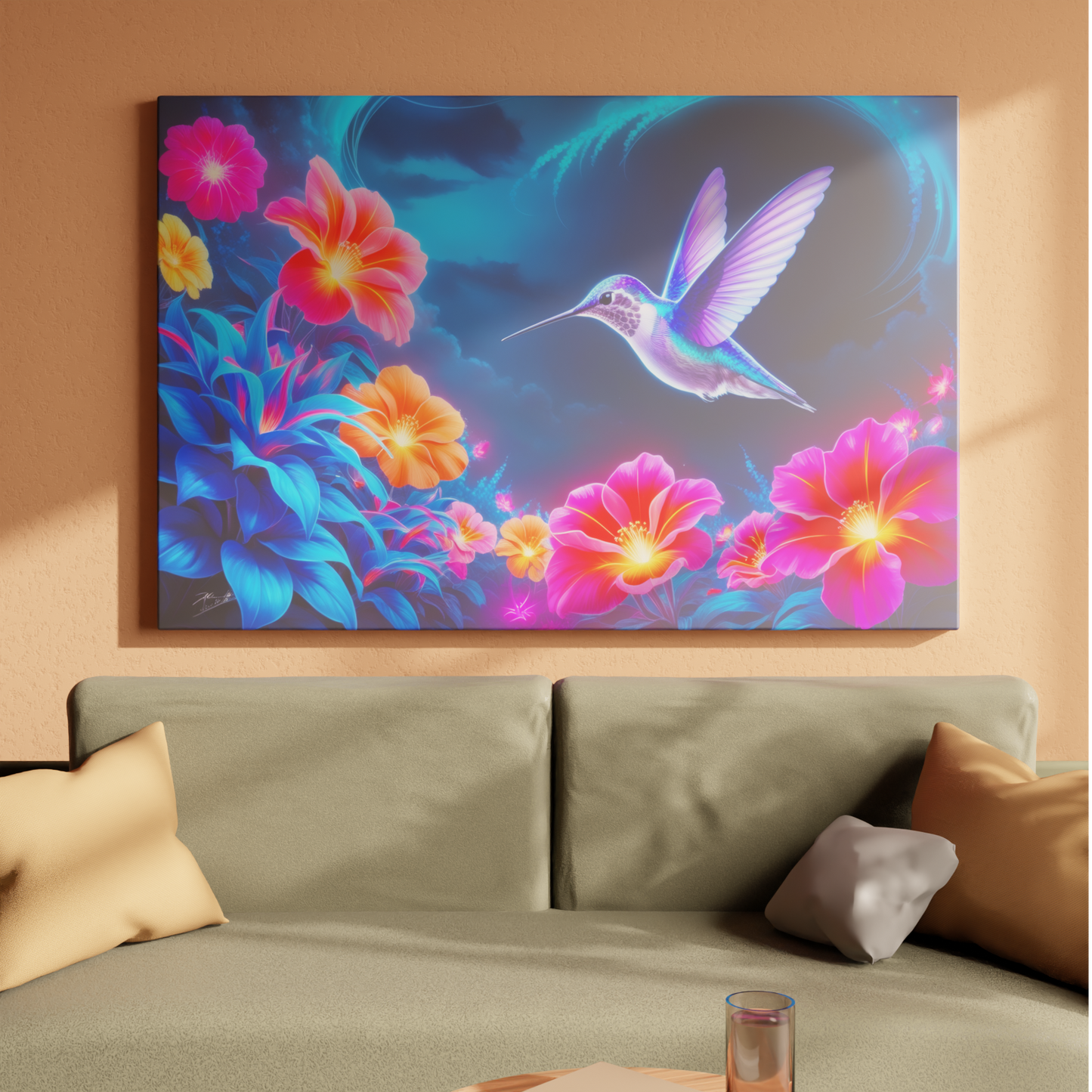 Ethereal Flight: Neon Blossoms and Hummingbird Dream